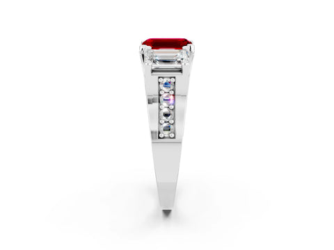 White gold Emerald Cut Ruby Three-Stone Ring with Channel Set Band and Four-Prong Setting_2