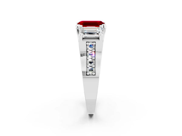Silver Emerald Cut Ruby Three-Stone Ring with Channel Set Band and Four-Prong Setting