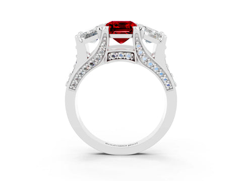 White gold Emerald Cut Ruby Three-Stone Ring with Channel Set Band and Four-Prong Setting_3