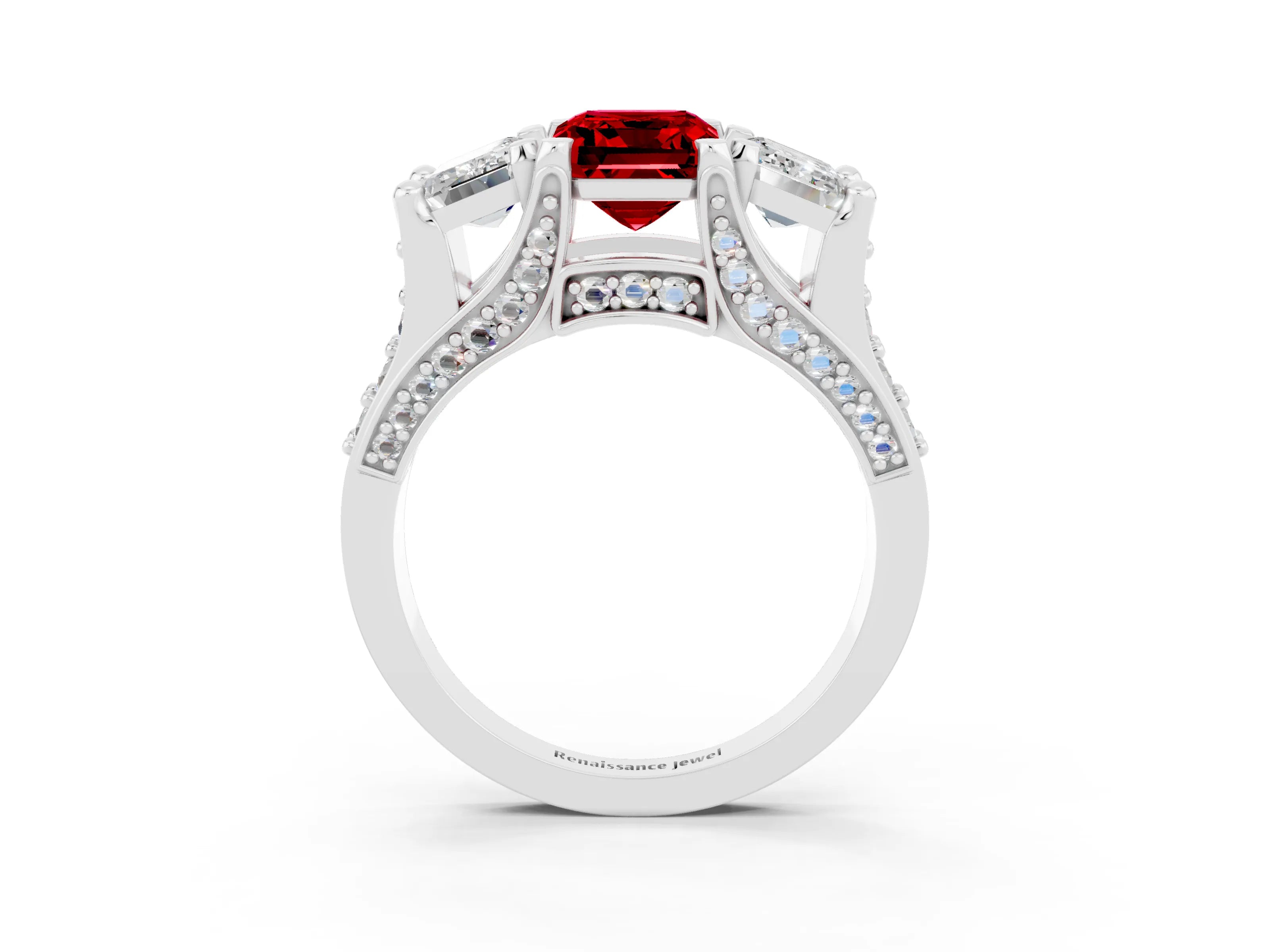 White gold Emerald Cut Ruby Three-Stone Ring with Channel Set Band and Four-Prong Setting_3