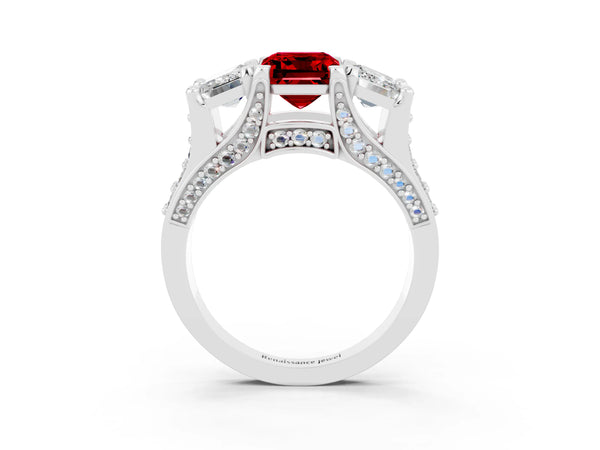White gold Emerald Cut Ruby Three-Stone Ring with Channel Set Band and Four-Prong Setting