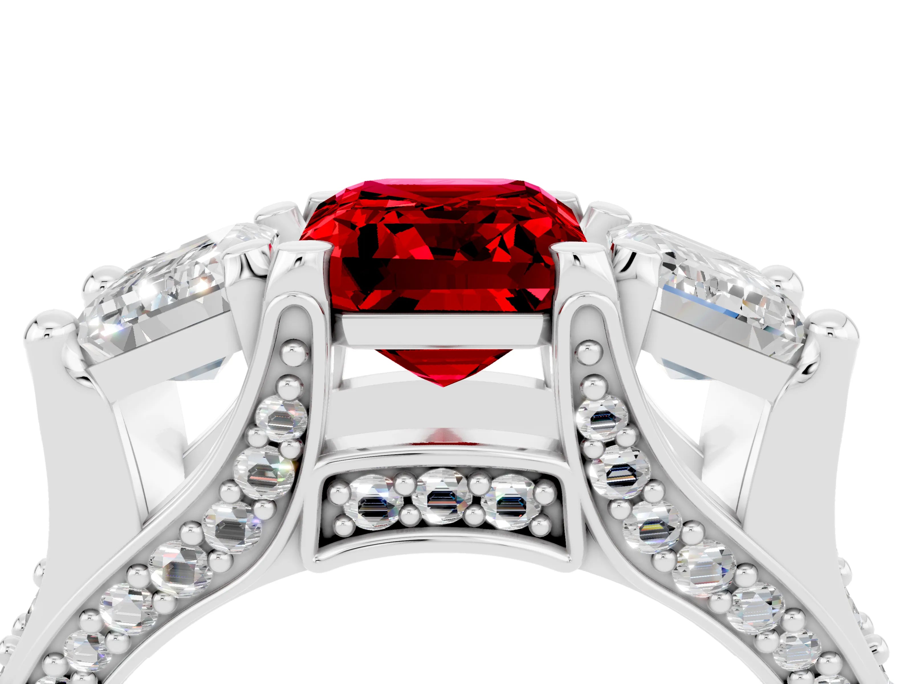 White gold Emerald Cut Ruby Three-Stone Ring with Channel Set Band and Four-Prong Setting_4