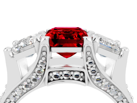 White gold Emerald Cut Ruby Three-Stone Ring with Channel Set Band and Four-Prong Setting_4