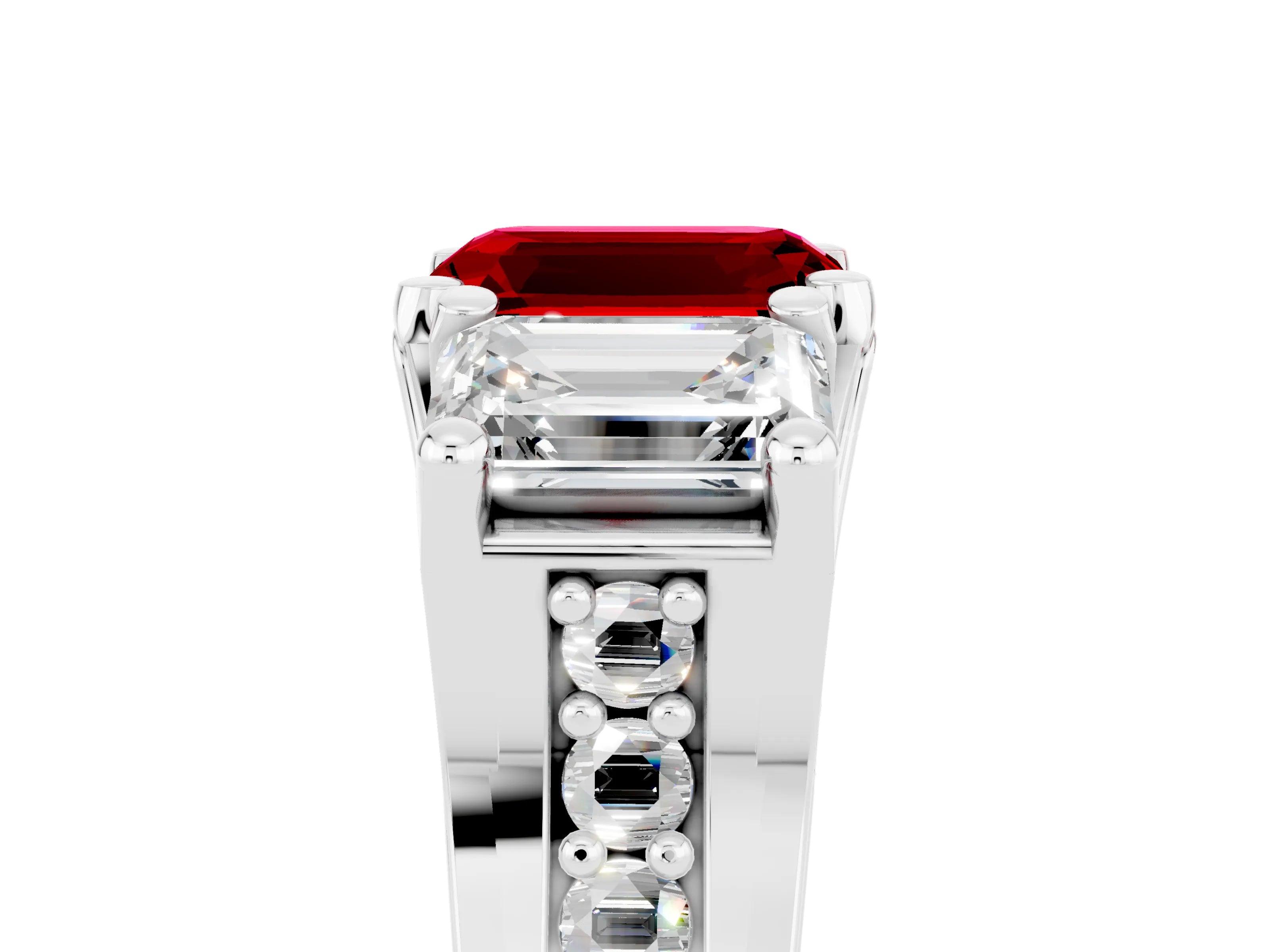 White gold Emerald Cut Ruby Three-Stone Ring with Channel Set Band and Four-Prong Setting_5