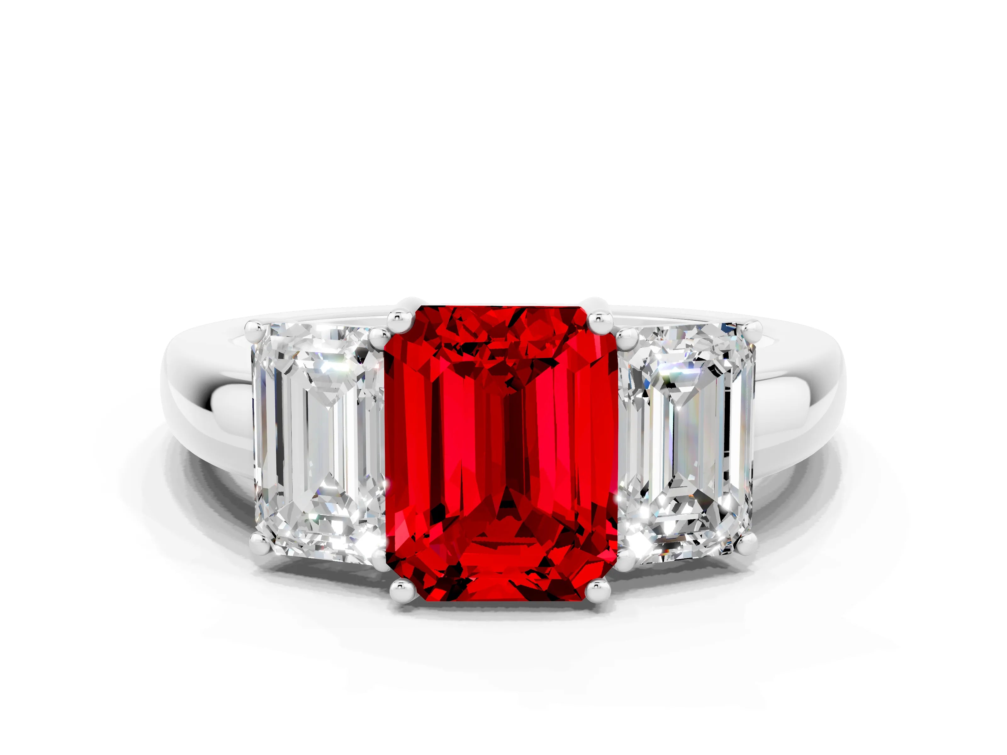 White gold Emerald Cut Ruby Three-Stone Ring with Four-Prong Setting and Classic Band