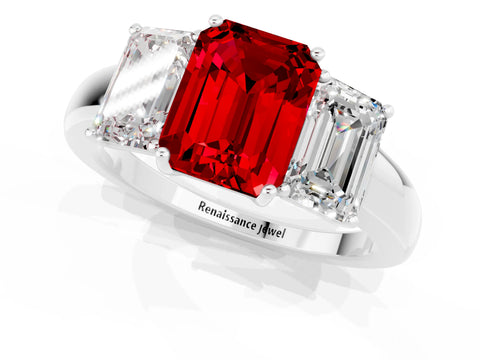 White gold Emerald Cut Ruby Three-Stone Ring with Four-Prong Setting and Classic Band_1