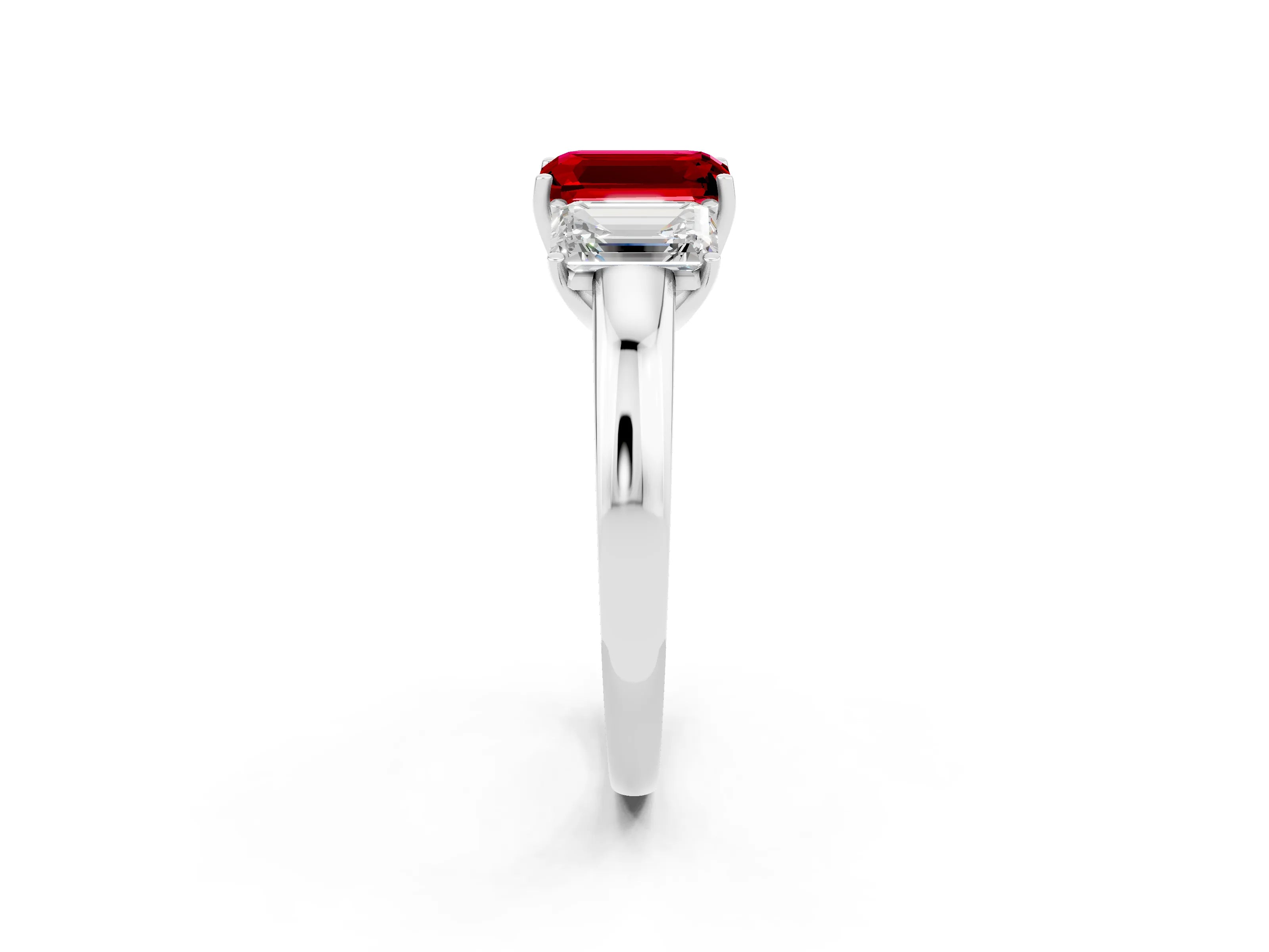 White gold Emerald Cut Ruby Three-Stone Ring with Four-Prong Setting and Classic Band_2