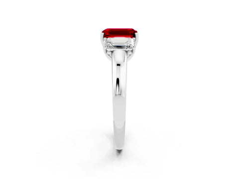 White gold Emerald Cut Ruby Three-Stone Ring with Four-Prong Setting and Classic Band_2
