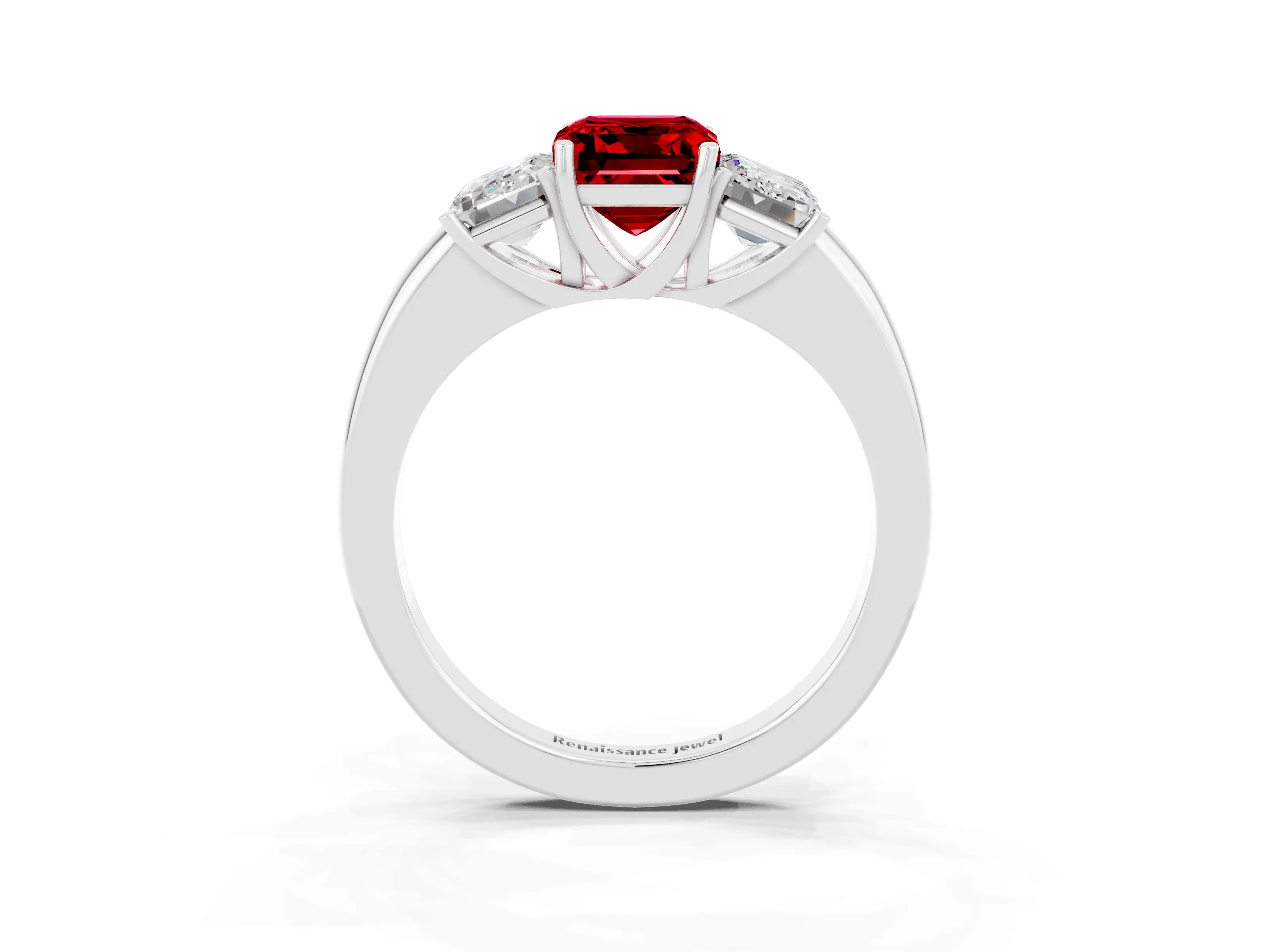 White gold Emerald Cut Ruby Three-Stone Ring with Four-Prong Setting and Classic Band_3