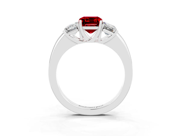 White gold Emerald Cut Ruby Three-Stone Ring with Four-Prong Setting and Classic Band