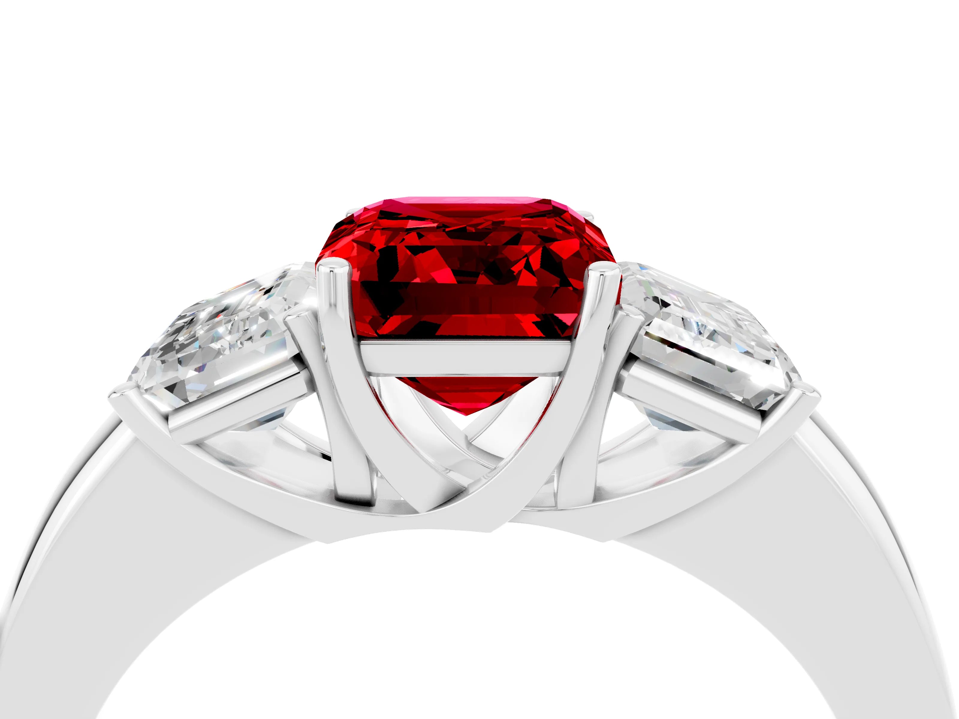 White gold Emerald Cut Ruby Three-Stone Ring with Four-Prong Setting and Classic Band_4