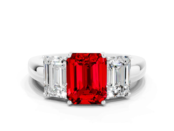 White gold Emerald Cut Ruby Three-Stone Ring with Four-Prong Setting and Classic Band