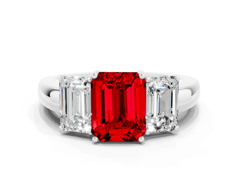 White gold Emerald Cut Ruby Three-Stone Ring with Four-Prong Setting and Classic Band