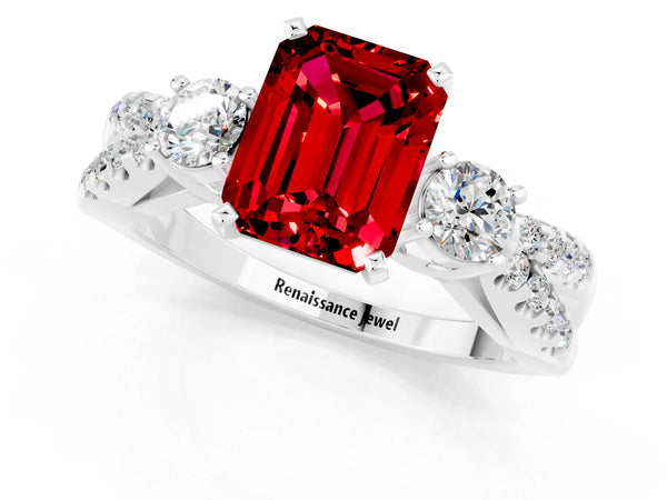 Platinum Emerald Cut Ruby Three-Stone Ring with Pavé Split Shank and Four-Prong Setting