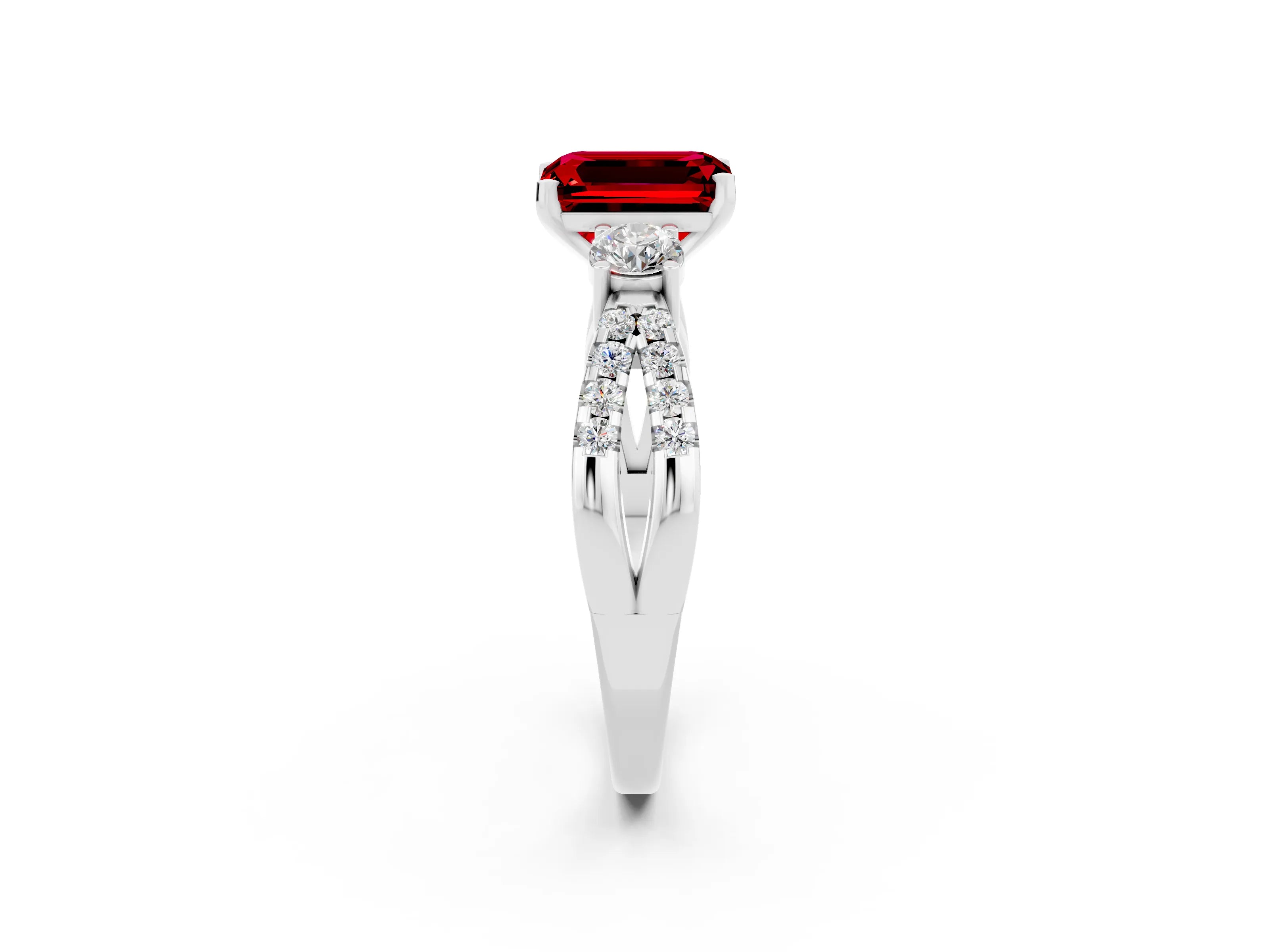 White gold Emerald Cut Ruby Three-Stone Ring with Pavé Split Shank and Four-Prong Setting_2