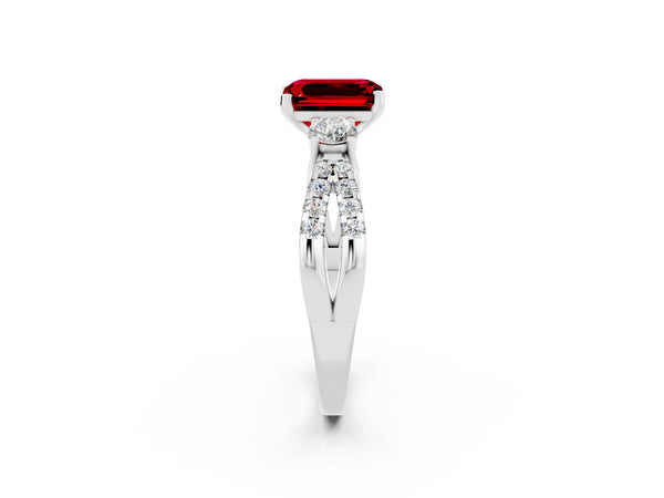 Silver Emerald Cut Ruby Three-Stone Ring with Pavé Split Shank and Four-Prong Setting