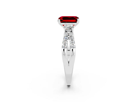 White gold Emerald Cut Ruby Three-Stone Ring with Pavé Split Shank and Four-Prong Setting_2