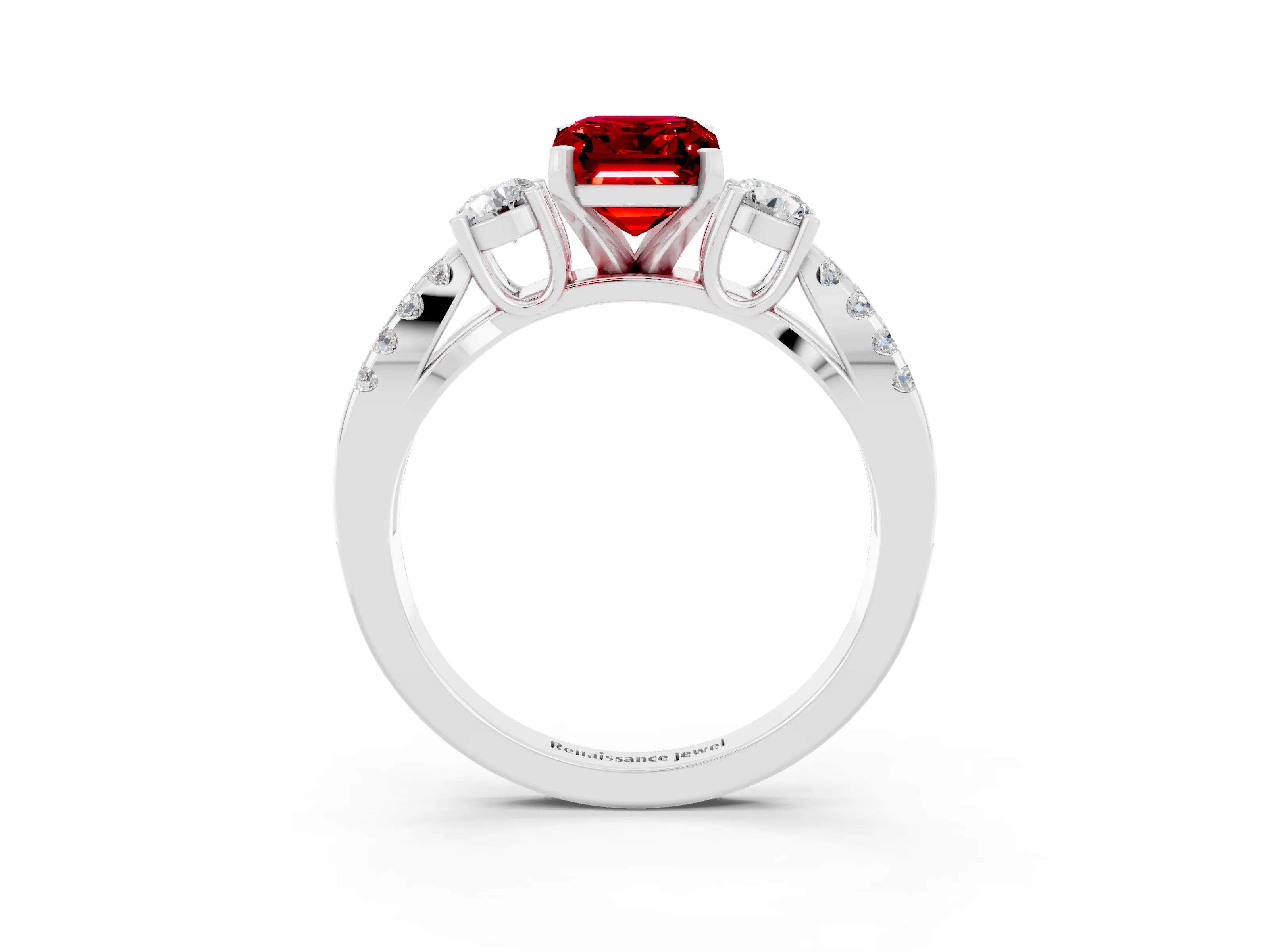 White gold Emerald Cut Ruby Three-Stone Ring with Pavé Split Shank and Four-Prong Setting_3