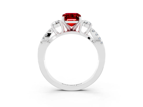 White gold Emerald Cut Ruby Three-Stone Ring with Pavé Split Shank and Four-Prong Setting