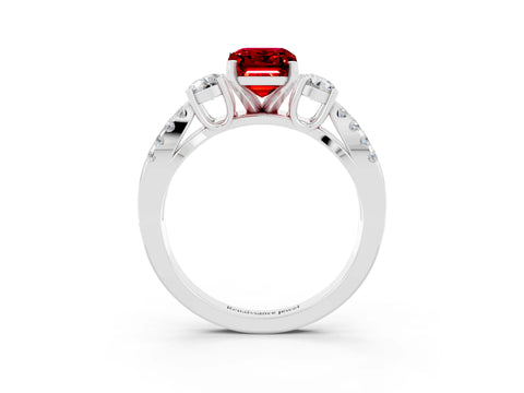 White gold Emerald Cut Ruby Three-Stone Ring with Pavé Split Shank and Four-Prong Setting_3