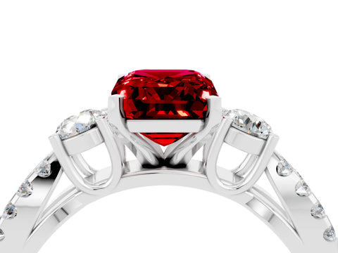 White gold Emerald Cut Ruby Three-Stone Ring with Pavé Split Shank and Four-Prong Setting_4