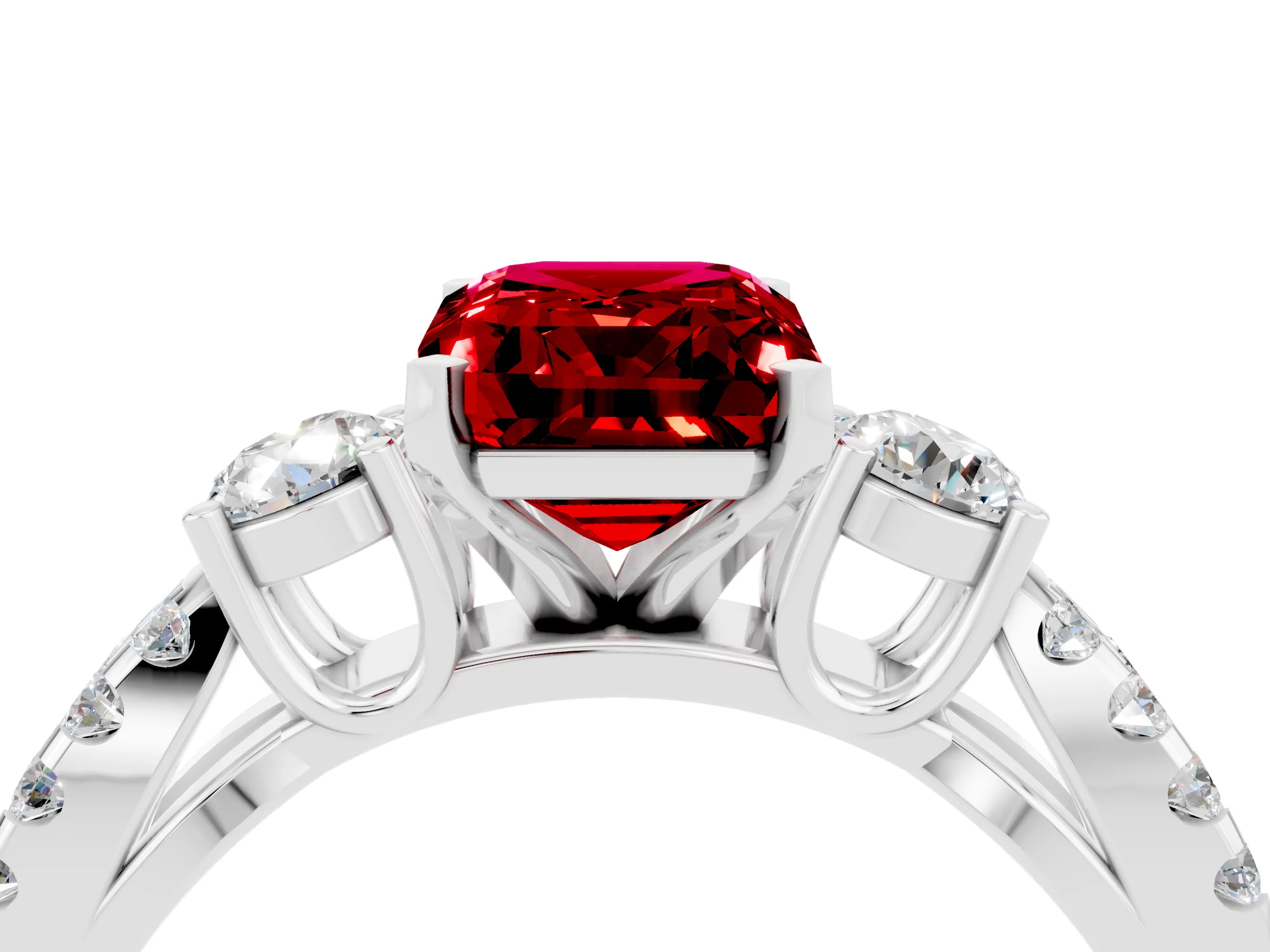 White gold Emerald Cut Ruby Three-Stone Ring with Pavé Split Shank and Four-Prong Setting_4