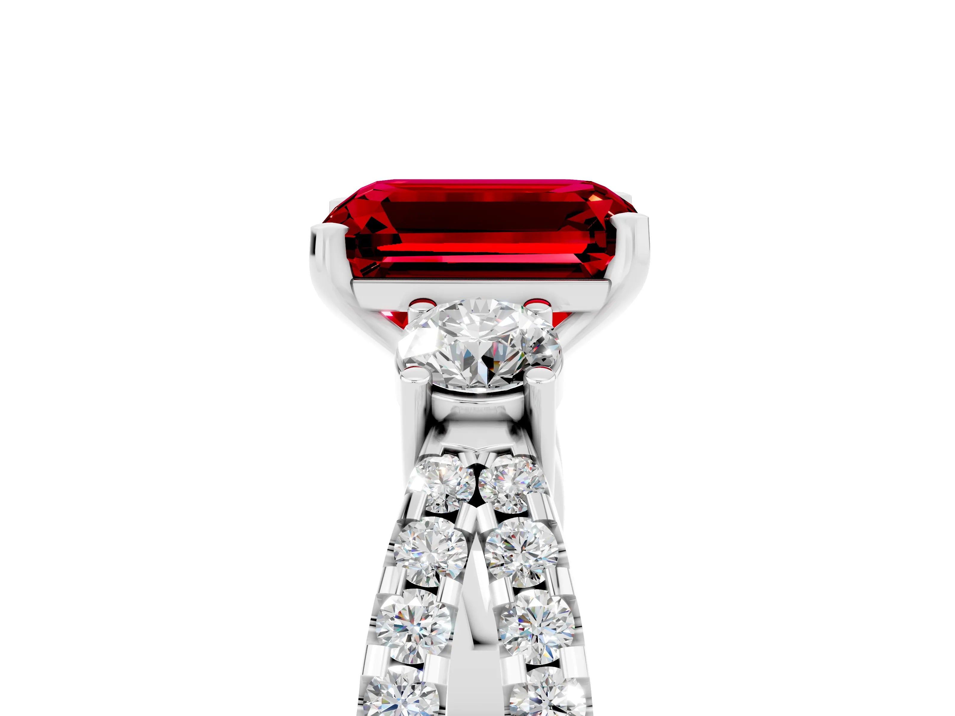 White gold Emerald Cut Ruby Three-Stone Ring with Pavé Split Shank and Four-Prong Setting_5