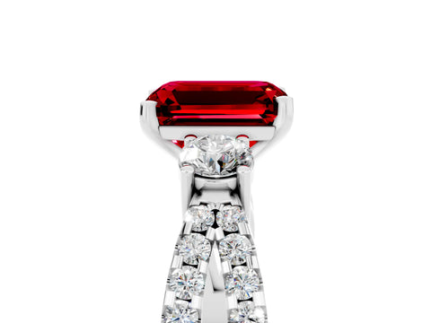 White gold Emerald Cut Ruby Three-Stone Ring with Pavé Split Shank and Four-Prong Setting_5