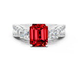 White gold Emerald Cut Ruby Three-Stone Ring with Pavé Split Shank and Four-Prong Setting