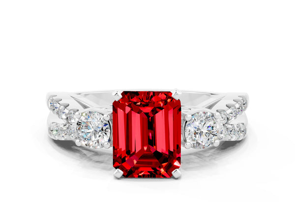 White gold Emerald Cut Ruby Three-Stone Ring with Pavé Split Shank and Four-Prong Setting