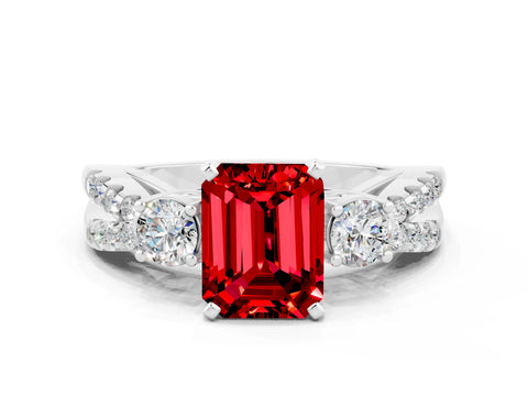 White gold Emerald Cut Ruby Three-Stone Ring with Pavé Split Shank and Four-Prong Setting