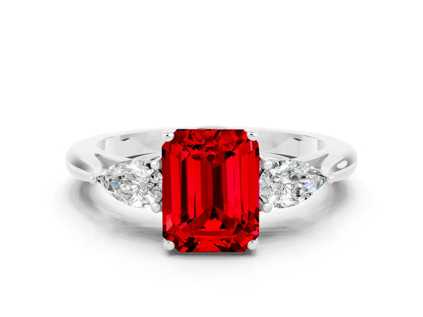 Platinum Emerald Cut Ruby Three-Stone Ring with Pear  Side Stones and Prong Setting