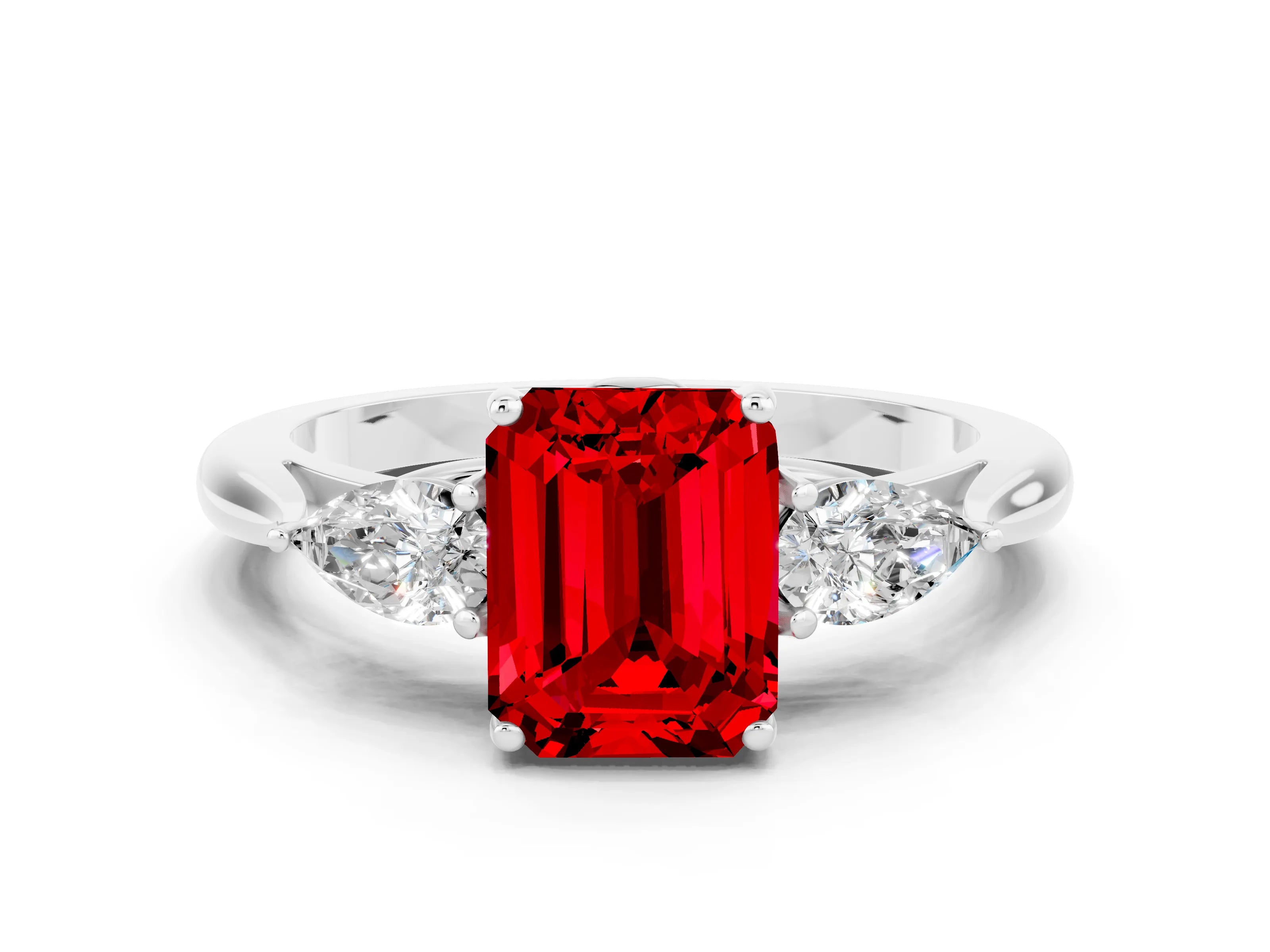 White gold Emerald Cut Ruby Three-Stone Ring with Pear Side Stones and Four-Prong Setting_12