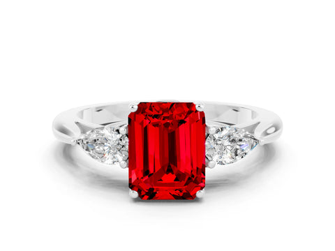 White gold Emerald Cut Ruby Three-Stone Ring with Pear Side Stones and Four-Prong Setting_12