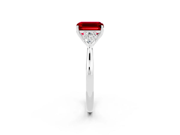 White gold Emerald Cut Ruby Three-Stone Ring with Pear  Side Stones and Prong Setting