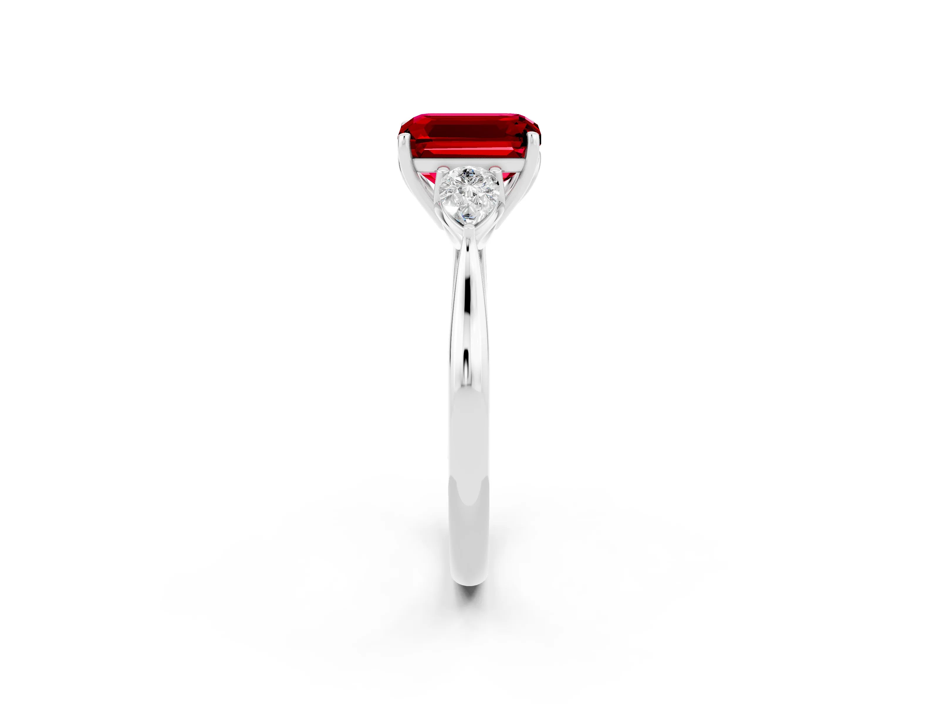White gold Emerald Cut Ruby Three-Stone Ring with Pear Side Stones and Four-Prong Setting_14