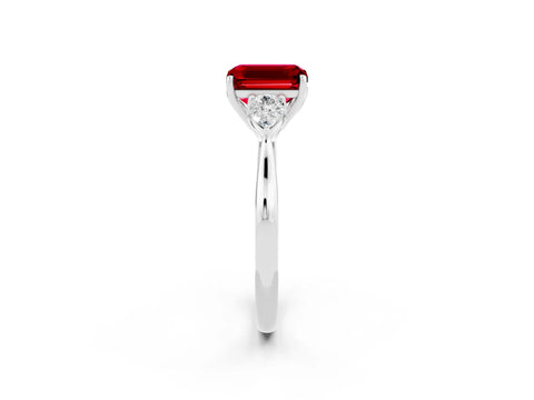 White gold Emerald Cut Ruby Three-Stone Ring with Pear Side Stones and Four-Prong Setting_14