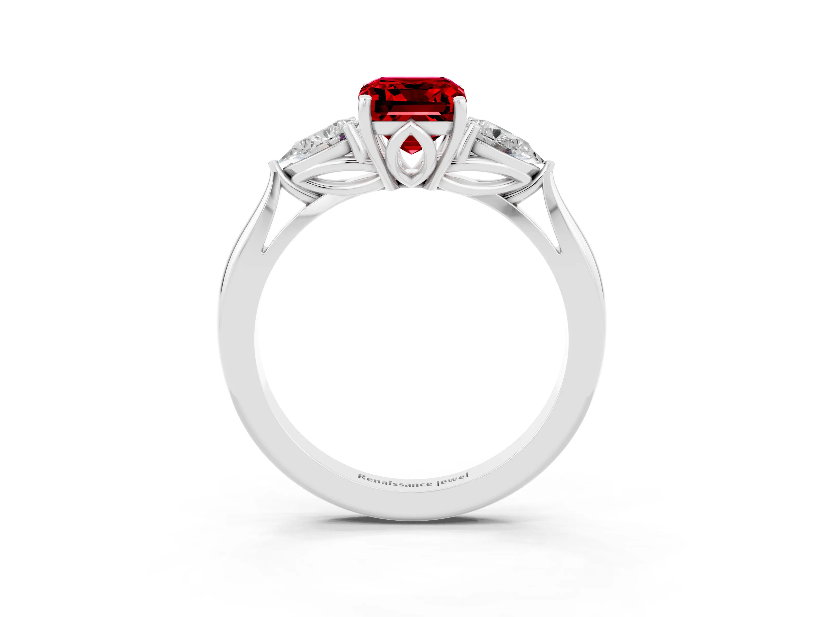 White gold Emerald Cut Ruby Three-Stone Ring with Pear Side Stones and Four-Prong Setting_15