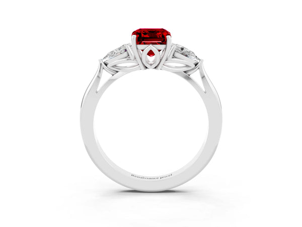 Silver Emerald Cut Ruby Three-Stone Ring with Pear  Side Stones and Prong Setting