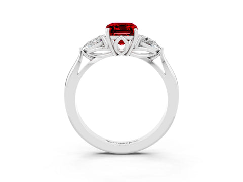 White gold Emerald Cut Ruby Three-Stone Ring with Pear Side Stones and Four-Prong Setting_15