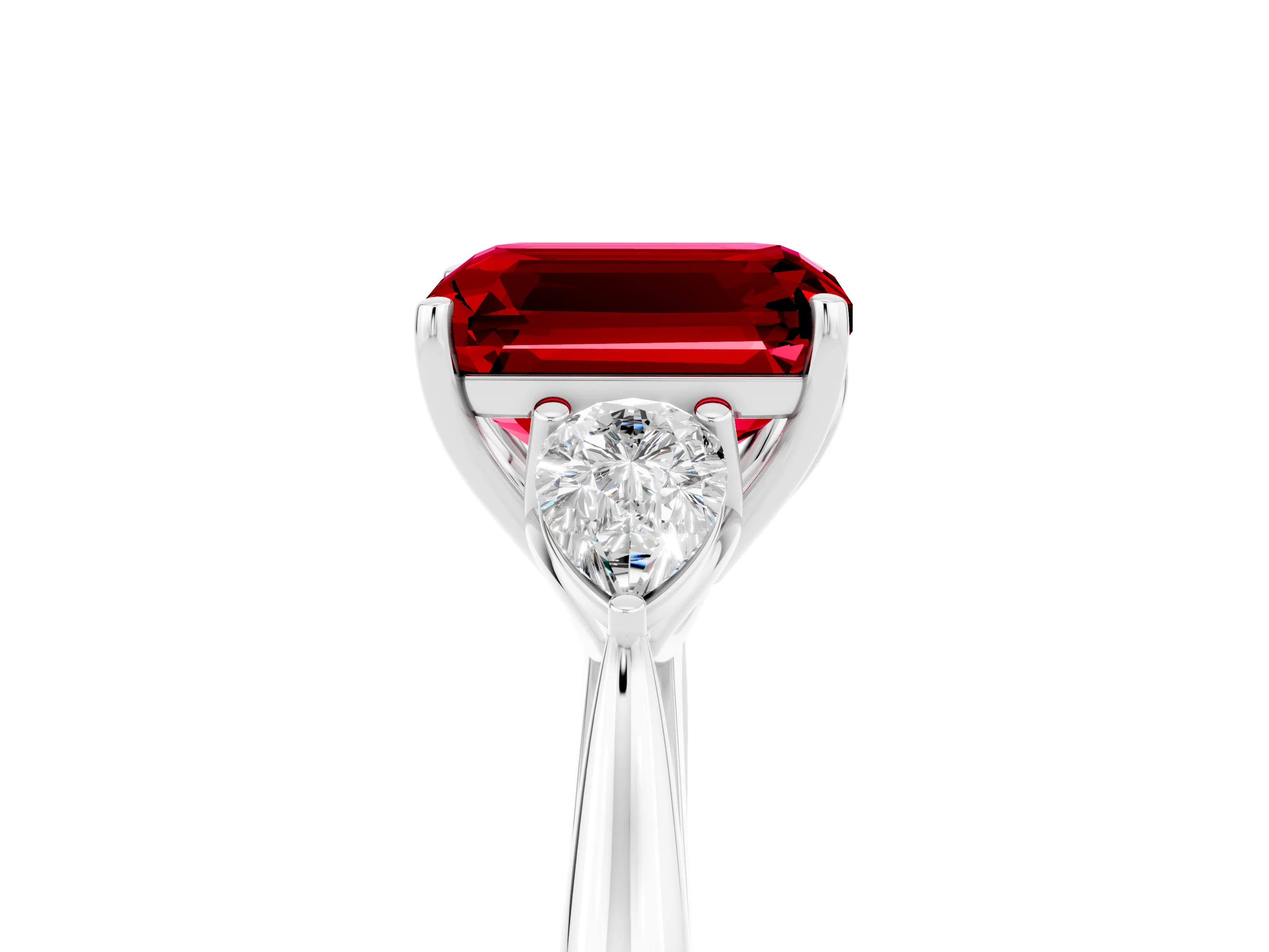 White gold Emerald Cut Ruby Three-Stone Ring with Pear Side Stones and Four-Prong Setting_17