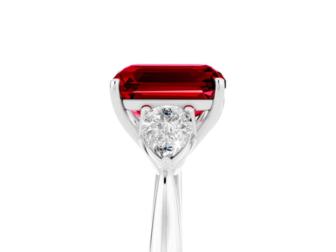 White gold Emerald Cut Ruby Three-Stone Ring with Pear Side Stones and Four-Prong Setting_17