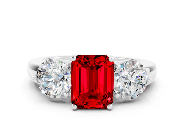 Silver Emerald Cut Ruby Three-Stone Ring with Prong Setting and Classic Band