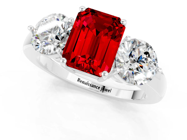 White gold Emerald Cut Ruby Three-Stone Ring with Prong Setting and Classic Band