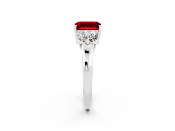 Platinum Emerald Cut Ruby Three-Stone Ring with Prong Setting and Classic Band