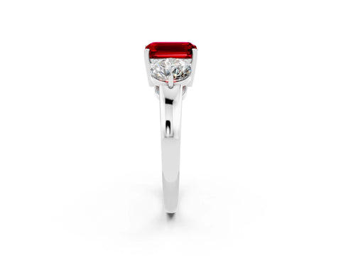 White gold Emerald Cut Ruby Three-Stone Ring with Prong Setting and Classic Band_2