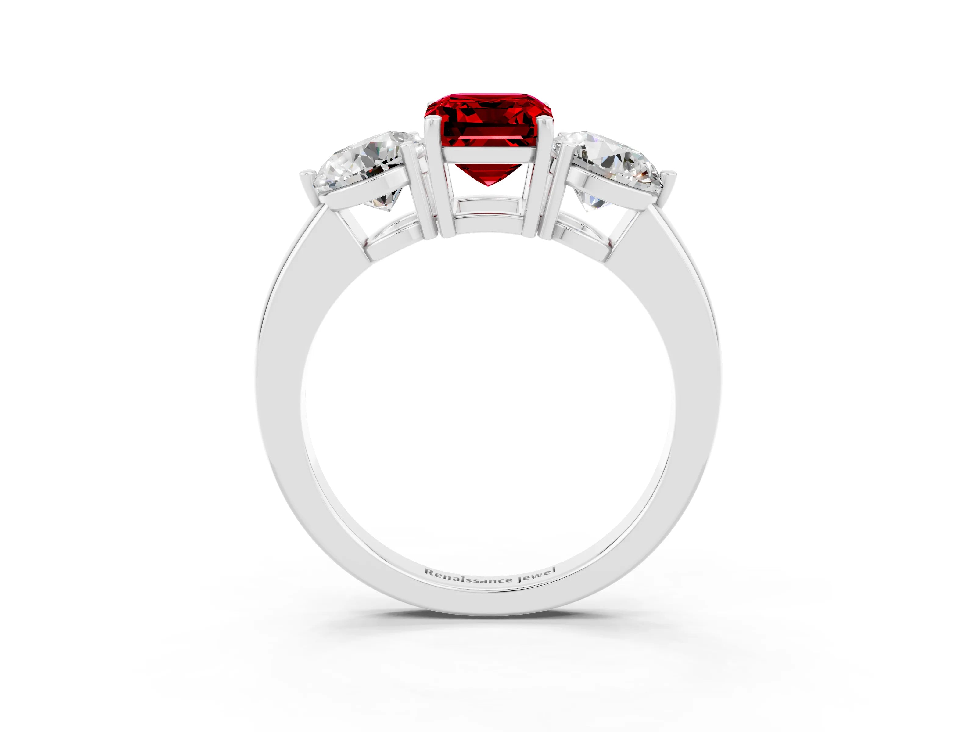 White gold Emerald Cut Ruby Three-Stone Ring with Prong Setting and Classic Band_3