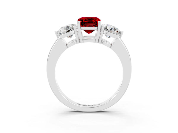 White gold Emerald Cut Ruby Three-Stone Ring with Prong Setting and Classic Band