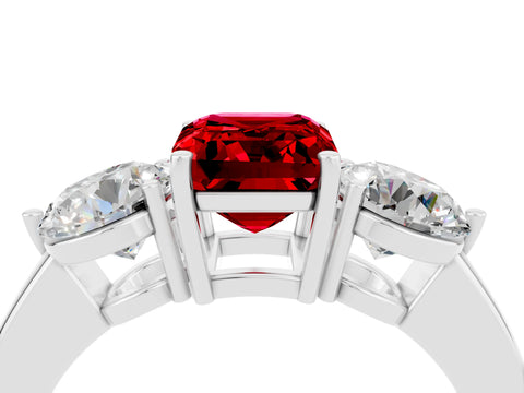 White gold Emerald Cut Ruby Three-Stone Ring with Prong Setting and Classic Band_4