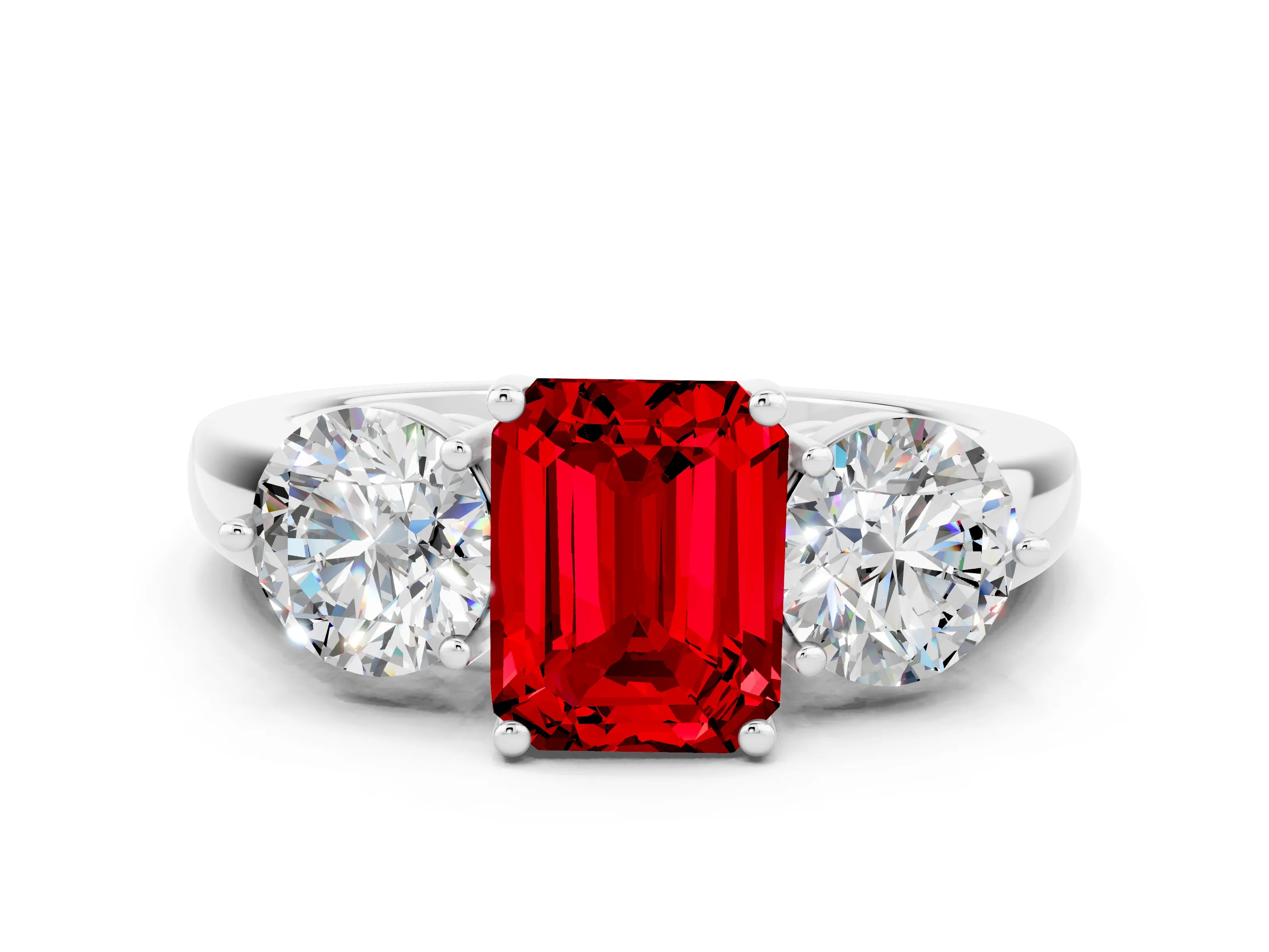 White gold Emerald Cut Ruby Three-Stone Ring with Prong Setting and Classic Band
